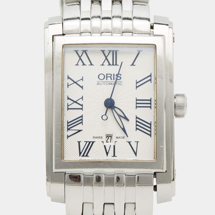 Pre Owned Oris Silver Guilloche Stainless Steel Rectangular Date 01 561 7656 4071-07 8 17 82 Women's Wristwatch 24.50 mm