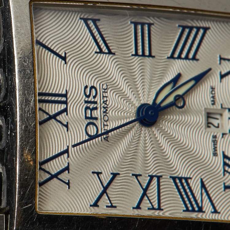 Pre Owned Oris Silver Guilloche Stainless Steel Rectangular Date 01 561 7656 4071-07 8 17 82 Women's Wristwatch 24.50 mm