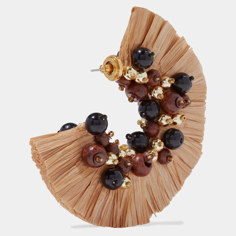 Pre Owned Oscar De La Renta Beads Raffia Fringe Earrings