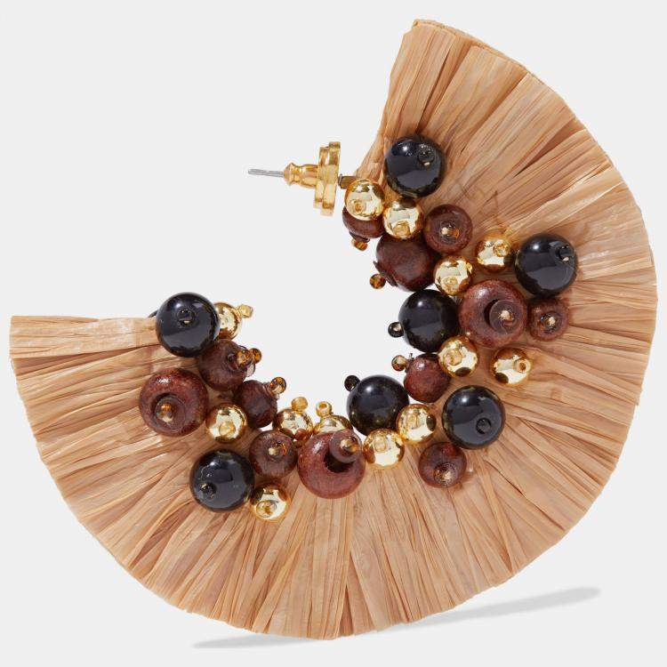 Pre Owned Oscar De La Renta Beads Raffia Fringe Earrings