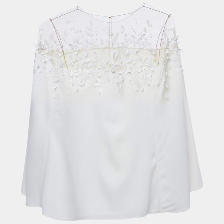 Pre Owned Oscar de la Renta Off-White Embellished Silk Cape Detail Top S