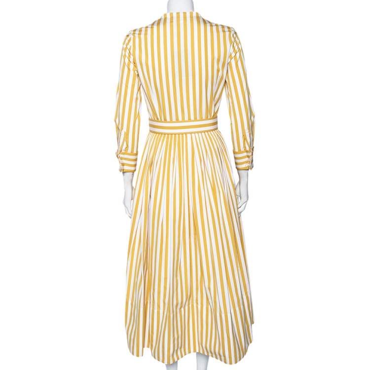 Pre Owned Oscar de la Renta Yellow Striped Cotton Pleated Belted Maxi Dress XS