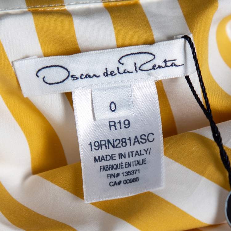 Pre Owned Oscar de la Renta Yellow Striped Cotton Pleated Belted Maxi Dress XS