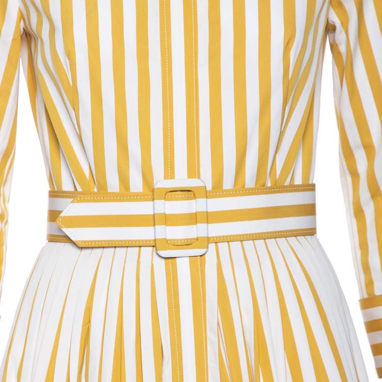 Pre Owned Oscar de la Renta Yellow Striped Cotton Pleated Belted Maxi Dress XS