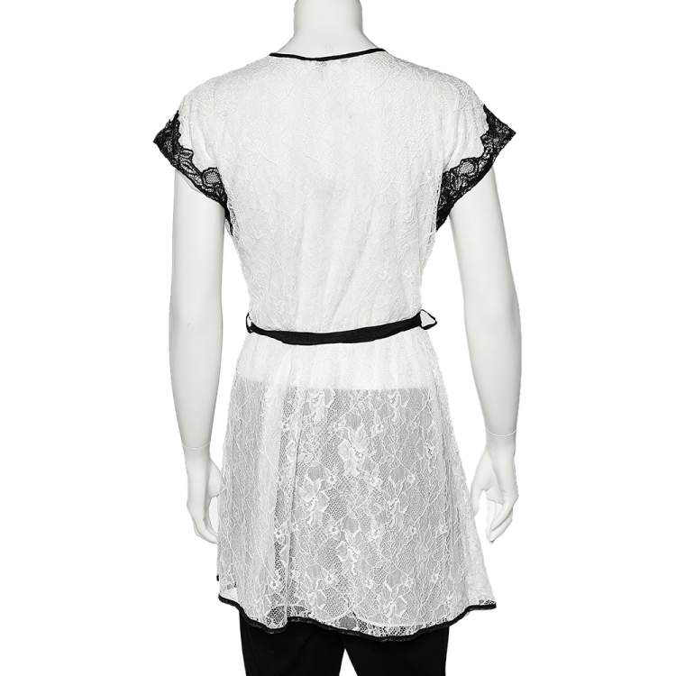 Pre Owned Oscar de la Renta Monochrome Lace Nightwear Wrap Dress M
