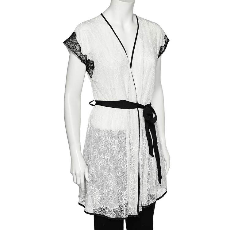 Pre Owned Oscar de la Renta Monochrome Lace Nightwear Wrap Dress M