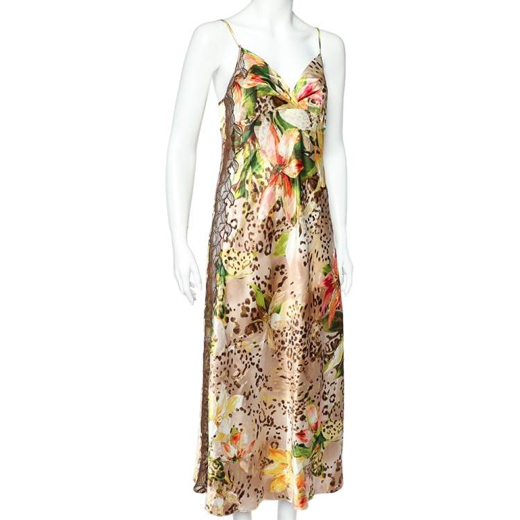 Pre Owned Oscar de la Renta Negligee Multicolor Printed Satin & Lace Slip Dress M