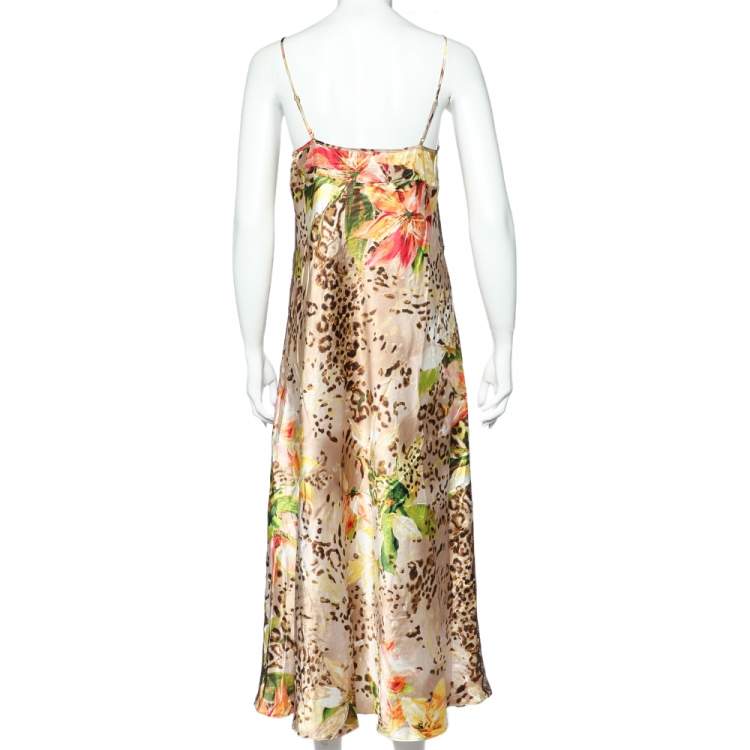 Pre Owned Oscar de la Renta Negligee Multicolor Printed Satin & Lace Slip Dress M