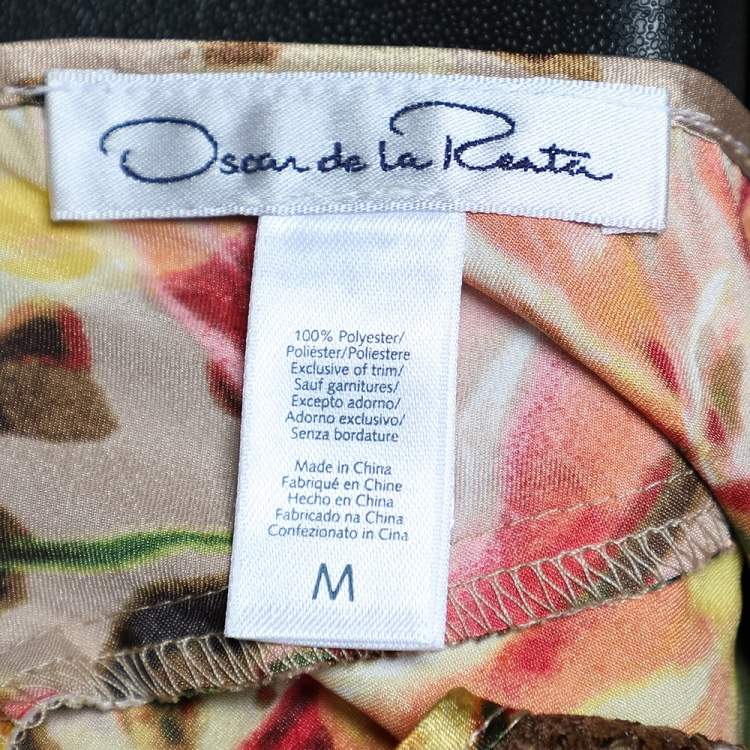 Pre Owned Oscar de la Renta Negligee Multicolor Printed Satin & Lace Slip Dress M