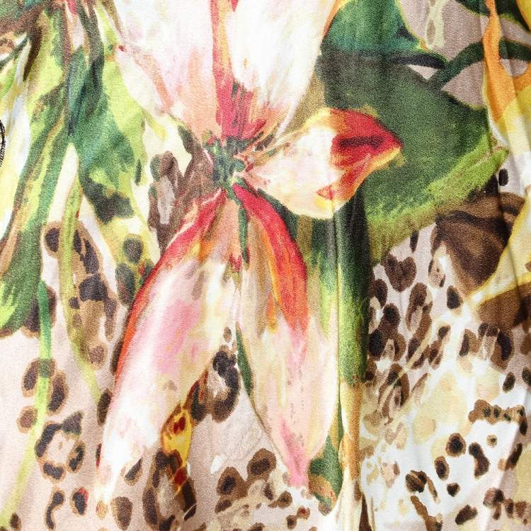 Pre Owned Oscar de la Renta Negligee Multicolor Printed Satin & Lace Slip Dress M