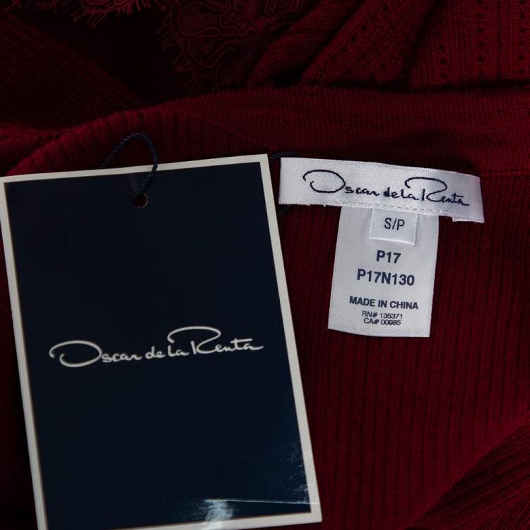 Pre Owned Oscar de la Renta Red Merino Wool & Lace Trim Detailed Long Sleeve Top S