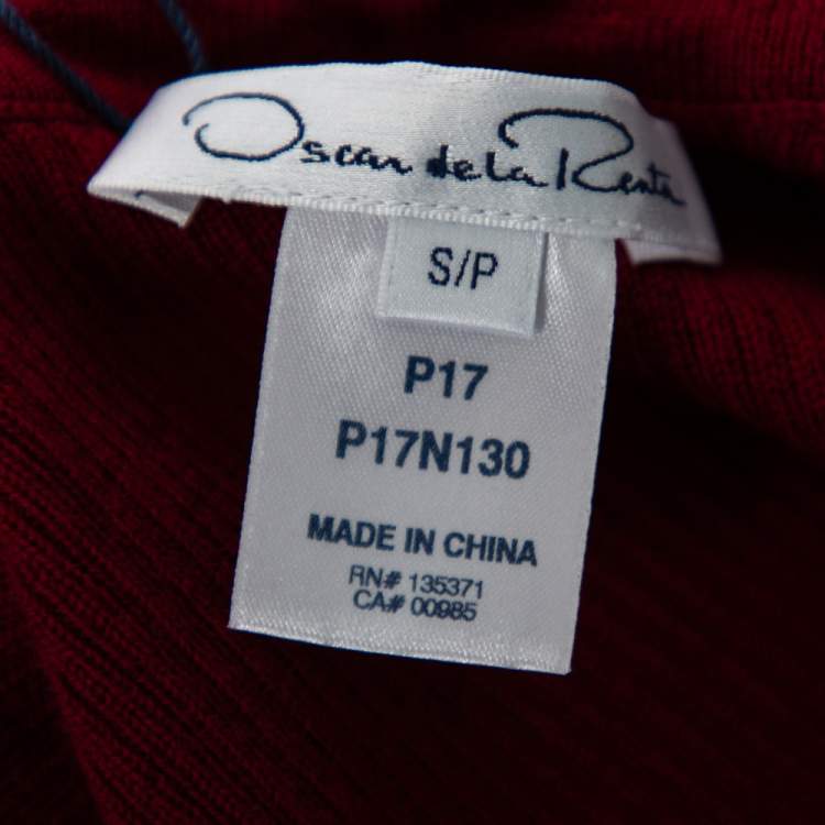 Pre Owned Oscar de la Renta Red Merino Wool & Lace Trim Detailed Long Sleeve Top S