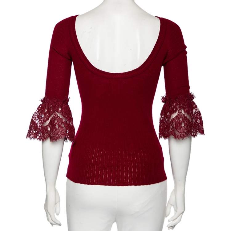 Pre Owned Oscar de la Renta Red Merino Wool & Lace Trim Detailed Long Sleeve Top S