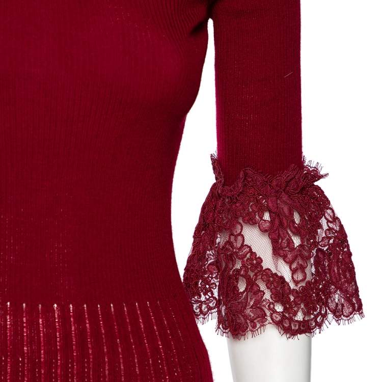 Pre Owned Oscar de la Renta Red Merino Wool & Lace Trim Detailed Long Sleeve Top S