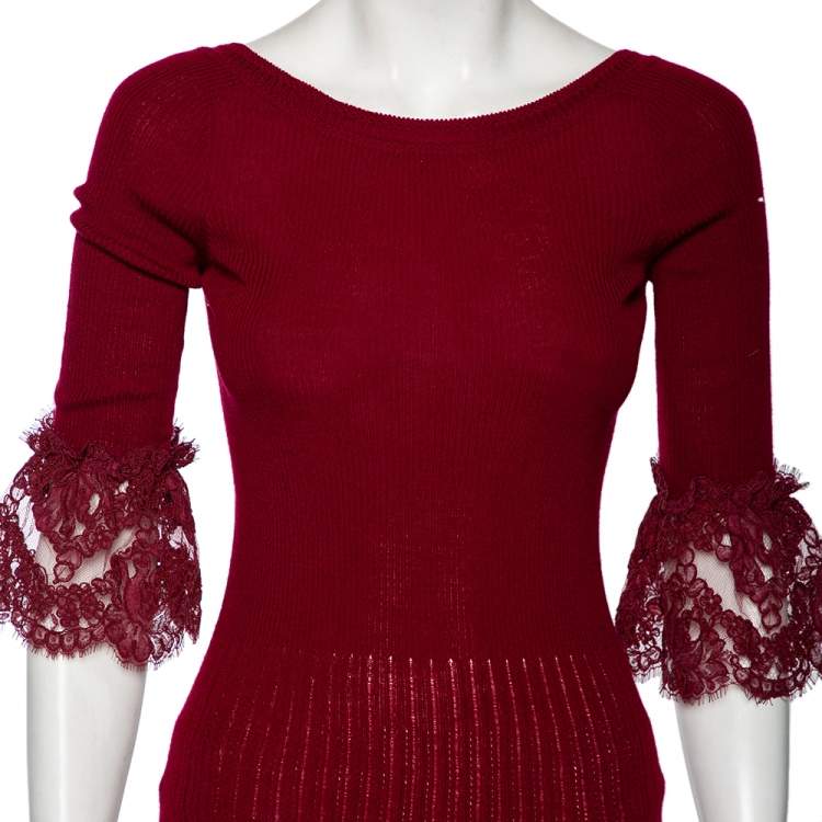 Pre Owned Oscar de la Renta Red Merino Wool & Lace Trim Detailed Long Sleeve Top S