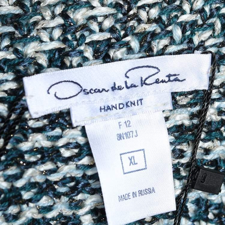 Pre Owned Oscar de la Renta Green Lurex Hand Knit Button Front Blazer XL