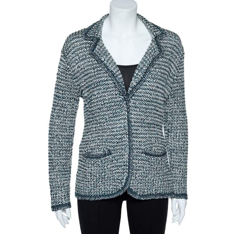 Pre Owned Oscar de la Renta Green Lurex Hand Knit Button Front Blazer XL