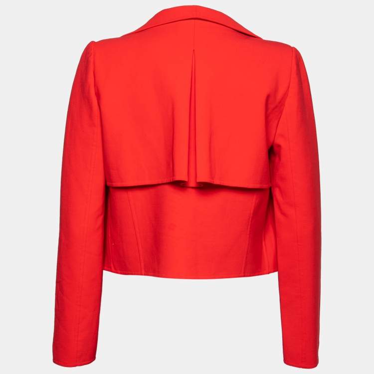 Pre Owned Oscar de la Renta Red Wool Open Front Cropped Jacket M