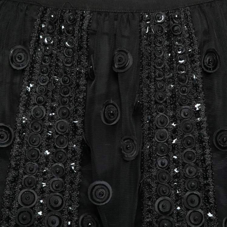 Pre Owned Oscar de la Renta Black Tulle Embroidered Embellished Embellished Skirt M