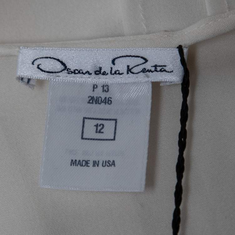 مملوكة مسبقًا Oscar de la Renta White Silk & Lace Trimmed Pleated Maxi Dress L
