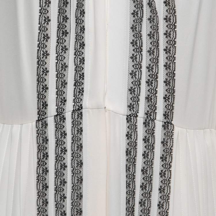 مملوكة مسبقًا Oscar de la Renta White Silk & Lace Trimmed Pleated Maxi Dress L