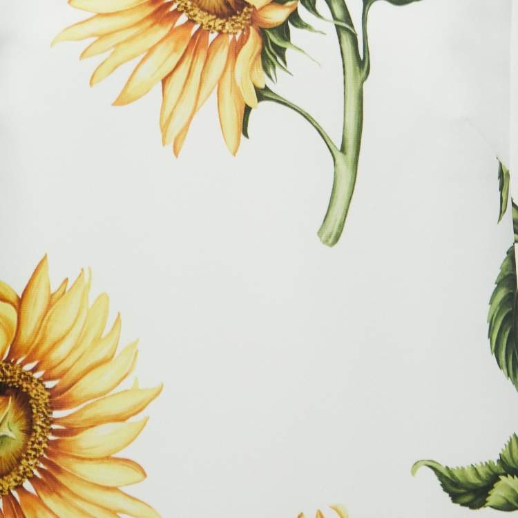 Pre Owned Oscar de la Renta White Sunflower Printed Faille Shift Dress M