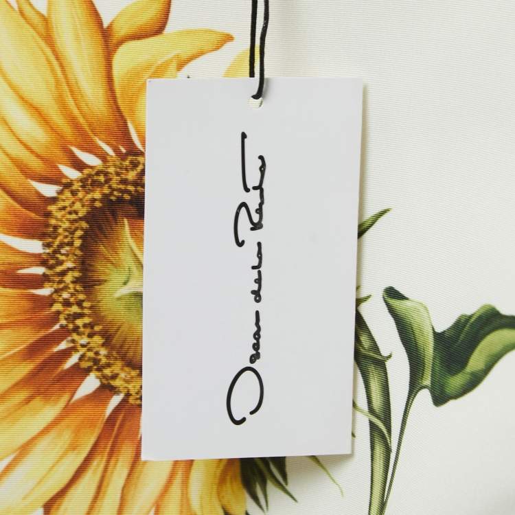 Pre Owned Oscar de la Renta White Sunflower Printed Faille Shift Dress M