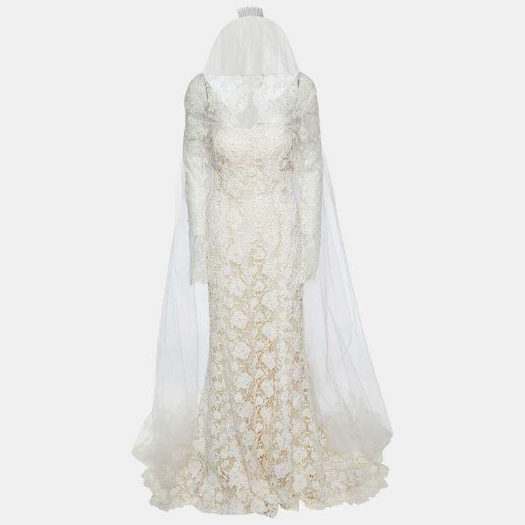 Pre Owned Oscar de la Renta Off-White Floral Guipure Lace Embellished Gown L
