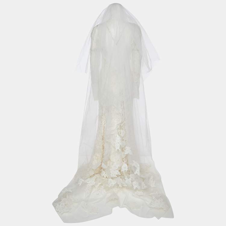 Pre Owned Oscar de la Renta Off-White Floral Guipure Lace Embellished Gown L