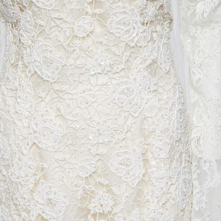Pre Owned Oscar de la Renta Off-White Floral Guipure Lace Embellished Gown L