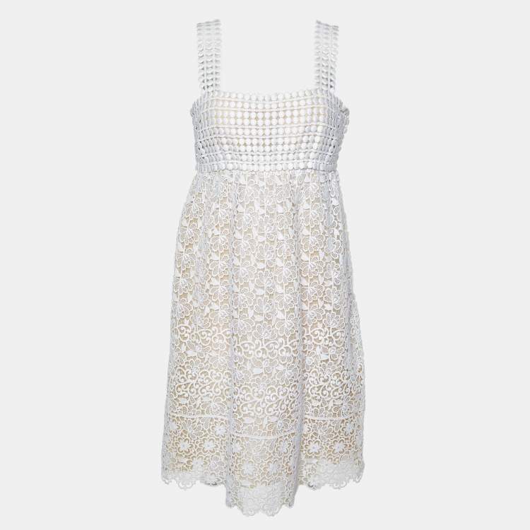 Pre Owned Oscar de la Renta Ivory Guipure Lace Tulle Sleeveless Dress L