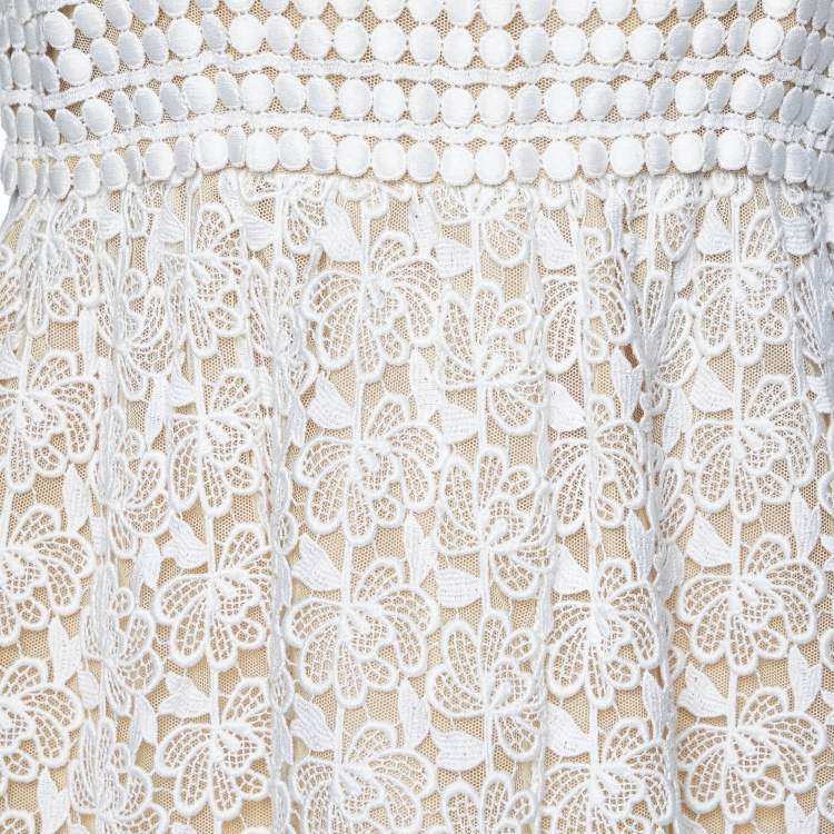 Pre Owned Oscar de la Renta Ivory Guipure Lace Tulle Sleeveless Dress L