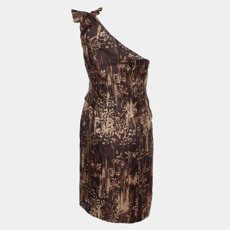 Pre Owned Oscar de la Renta Brown Printed Silk One Shoulder Dress M