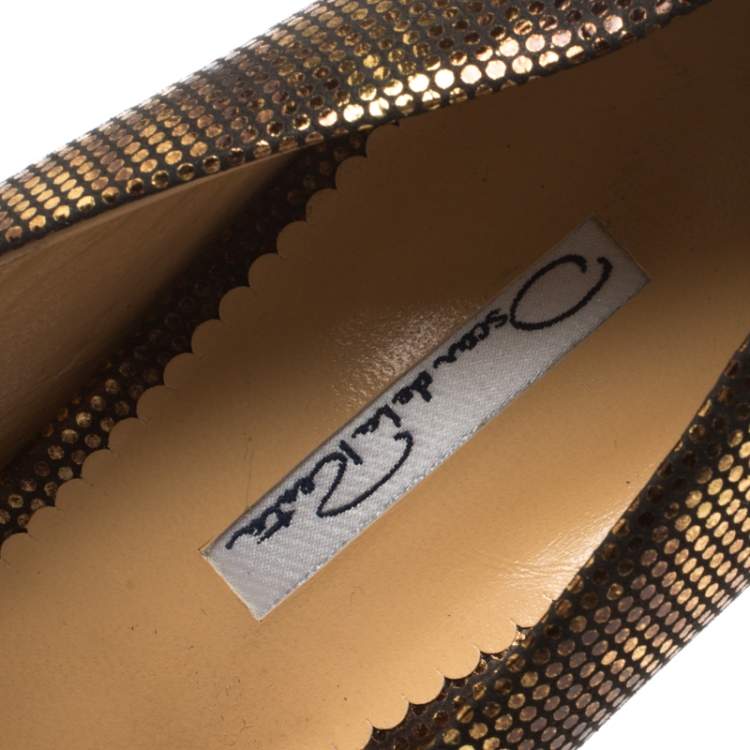 Pre Owned Oscar de la Renta Metallic Bronze Leather Romana Cork Wedge Peep Toe Pumps Size 40