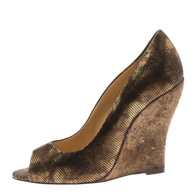 Pre Owned Oscar de la Renta Metallic Bronze Leather Romana Cork Wedge Peep Toe Pumps Size 40