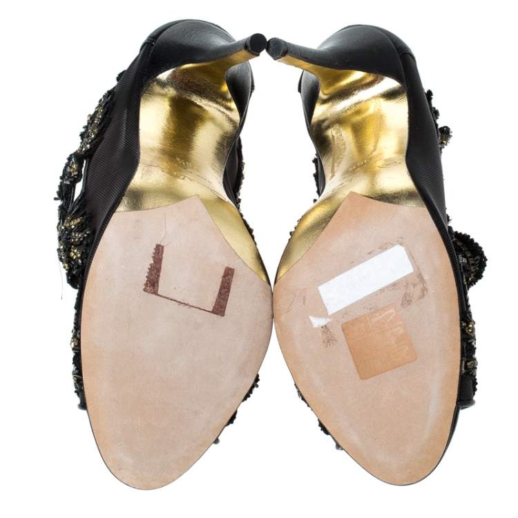 Pre Owned Oscar de la Renta Black Mesh And Leather Ambria Embellished Cut Out Sandals Size 36.5