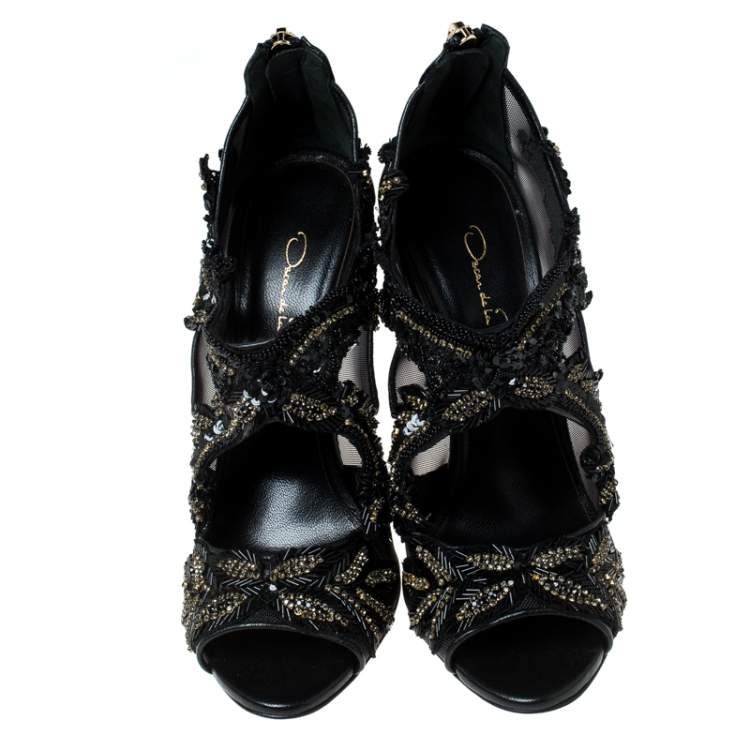 Pre Owned Oscar de la Renta Black Mesh And Leather Ambria Embellished Cut Out Sandals Size 36.5