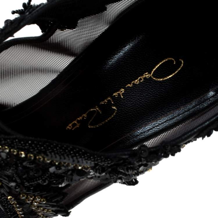 Pre Owned Oscar de la Renta Black Mesh And Leather Ambria Embellished Cut Out Sandals Size 36.5