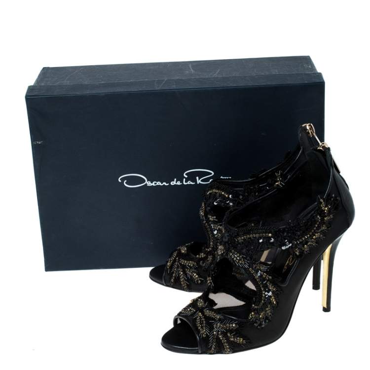 Pre Owned Oscar de la Renta Black Mesh And Leather Ambria Embellished Cut Out Sandals Size 36.5