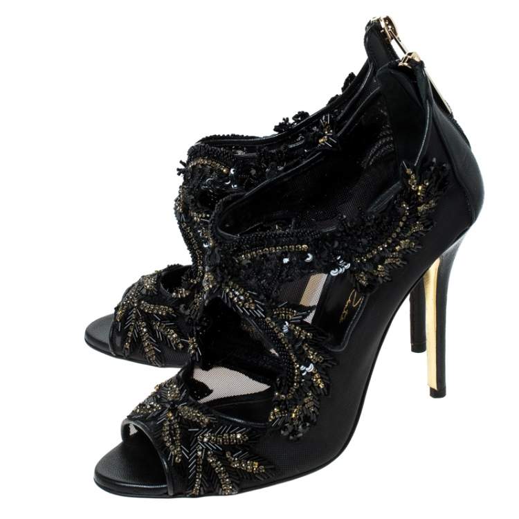 Pre Owned Oscar de la Renta Black Mesh And Leather Ambria Embellished Cut Out Sandals Size 36.5