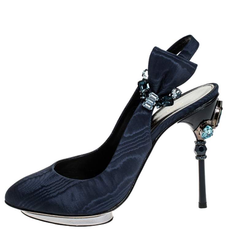 Pre Owned Oscar De La Renta Blue Faille Fabric Crystal Embellished Juliette Slingback Sandals Size 39.5