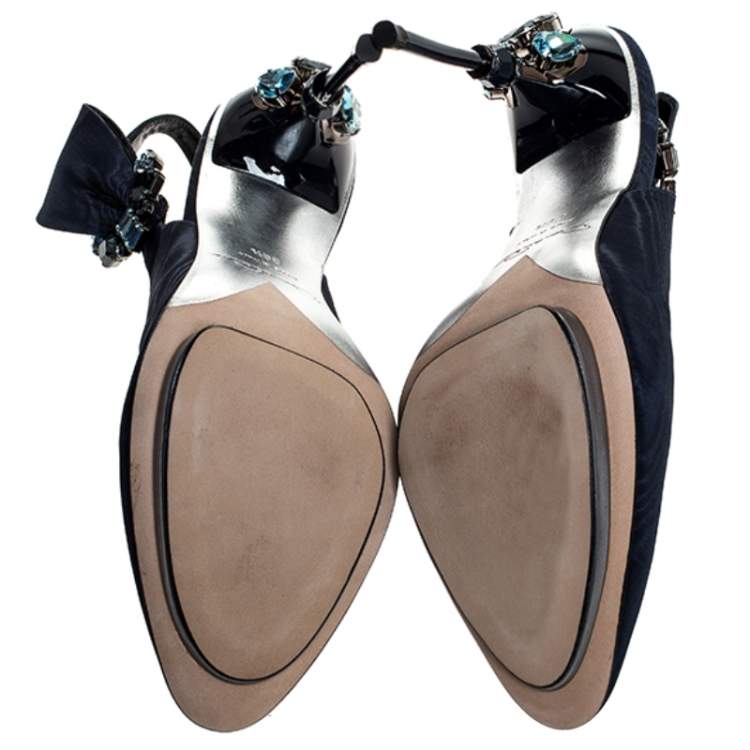 Pre Owned Oscar De La Renta Blue Faille Fabric Crystal Embellished Juliette Slingback Sandals Size 39.5