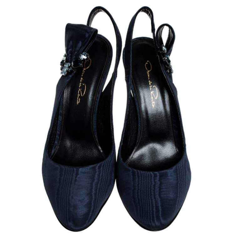 Pre Owned Oscar De La Renta Blue Faille Fabric Crystal Embellished Juliette Slingback Sandals Size 39.5