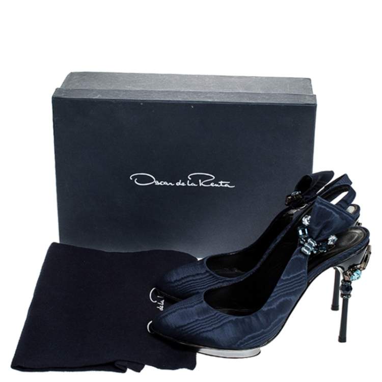 Pre Owned Oscar De La Renta Blue Faille Fabric Crystal Embellished Juliette Slingback Sandals Size 39.5