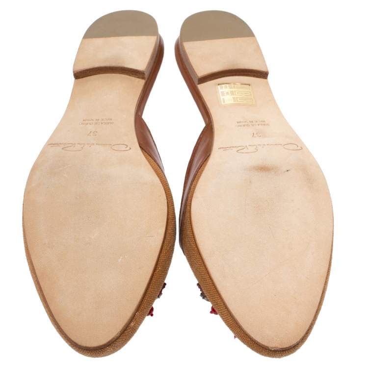مملوكة مسبقًا Oscar De La Renta Brown Embellished Canvas and Leather Flat Spanish Mules Size 37