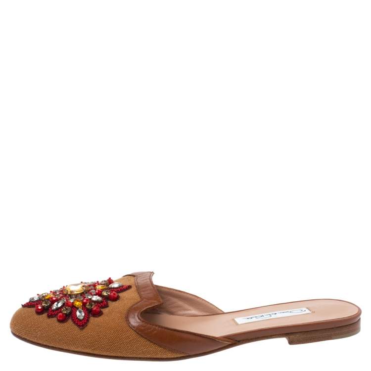 مملوكة مسبقًا Oscar De La Renta Brown Embellished Canvas and Leather Flat Spanish Mules Size 37