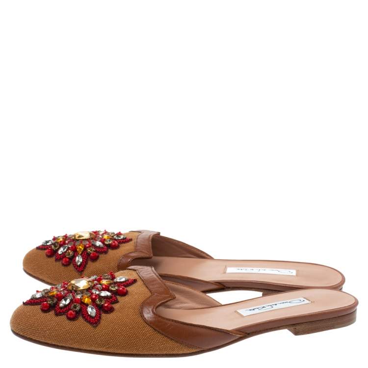 مملوكة مسبقًا Oscar De La Renta Brown Embellished Canvas and Leather Flat Spanish Mules Size 37