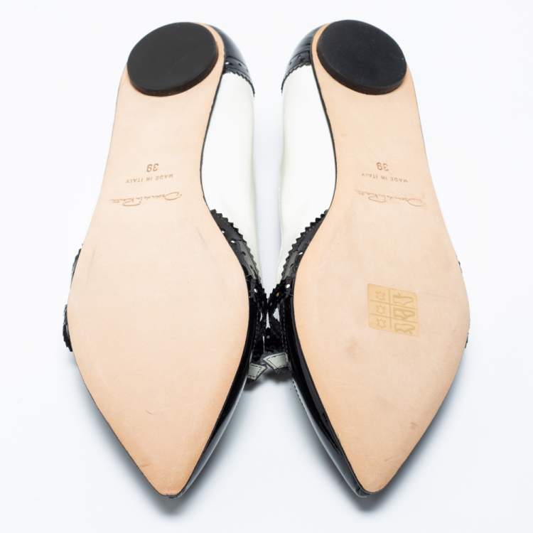Pre Owned Oscar de la Renta Black/White Brogue Patent and Leather Hennit Ballet Flats Size 39