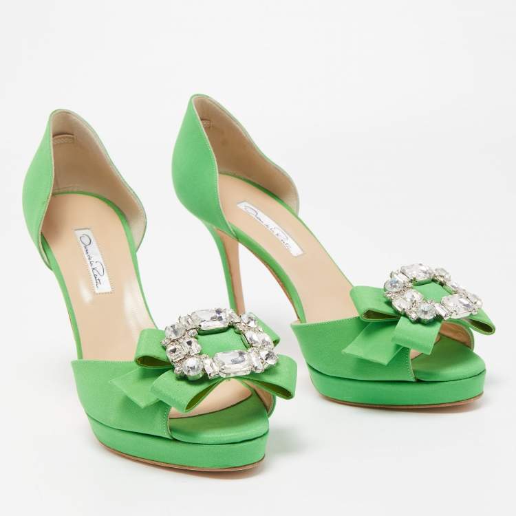 Pre Owned Oscar de la Renta Green Fabric Crystal Embellished Rosalba D' Orsay Peep Toe Pumps Size 40