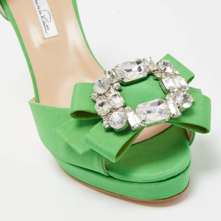 Pre Owned Oscar de la Renta Green Fabric Crystal Embellished Rosalba D' Orsay Peep Toe Pumps Size 40